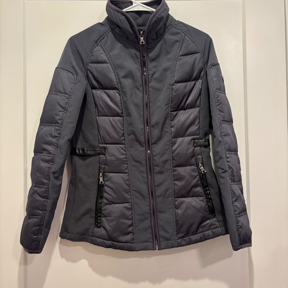 1 Madison Expedition Womens Gray Mixed Media Quilted Puffer Jacket Small 2210